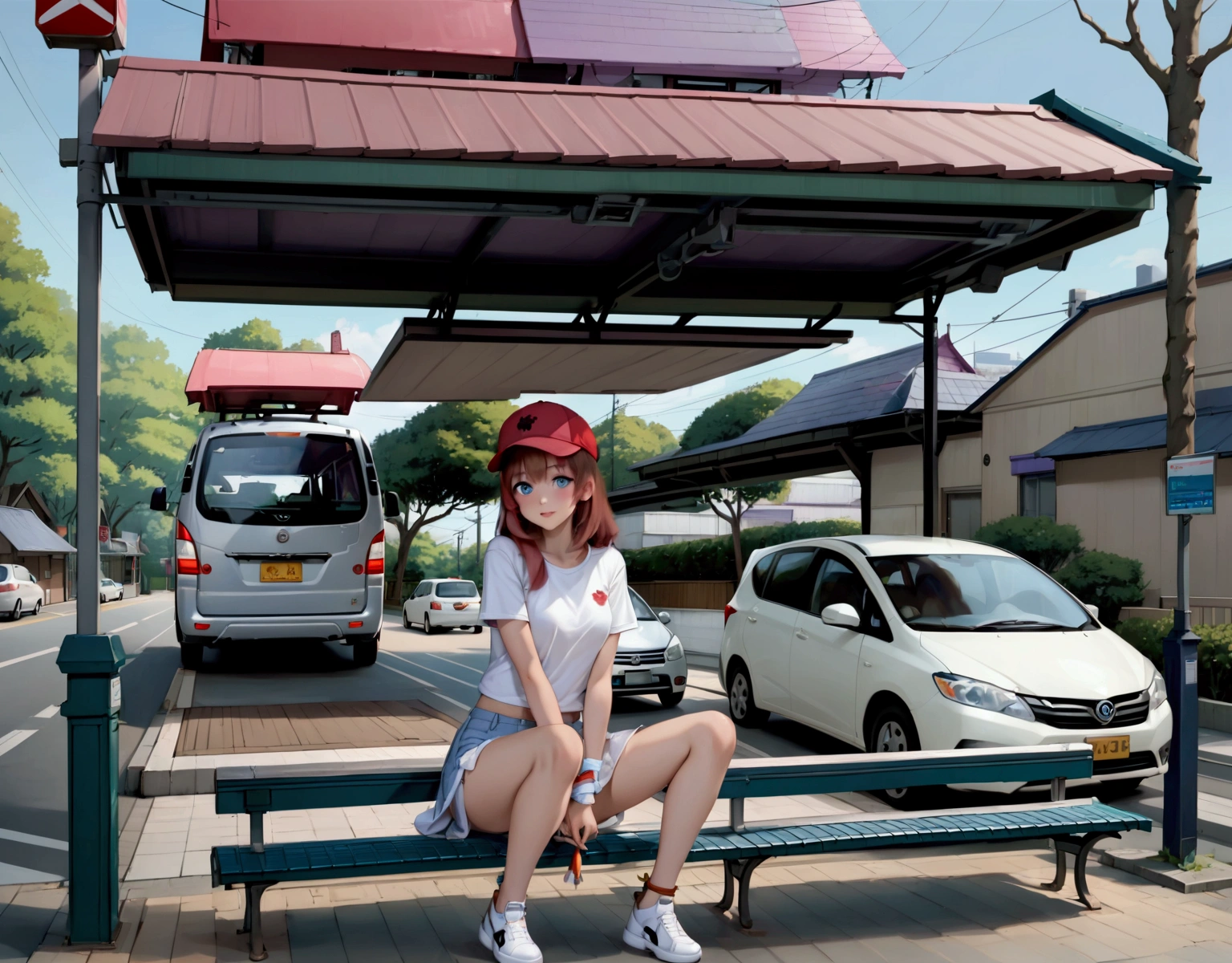 realistic anime illustration of woman is sitting on bench at roofted bus stop , she wearing red cap, white t-shirt, light-blue denim skort, and white sneakers, (1girl, solo,full body), (masterpiece, best quality, japanese anime style), (expressive eyes, perfect face)