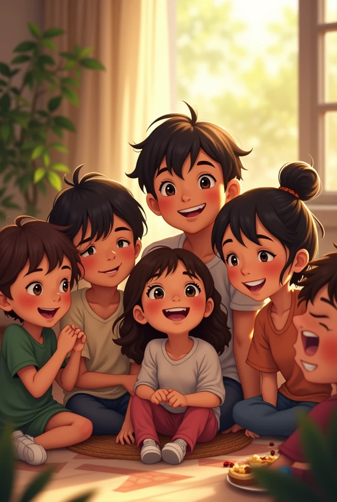 A gorup of cousins contain only 2 boys and 5 girls laughing and siting