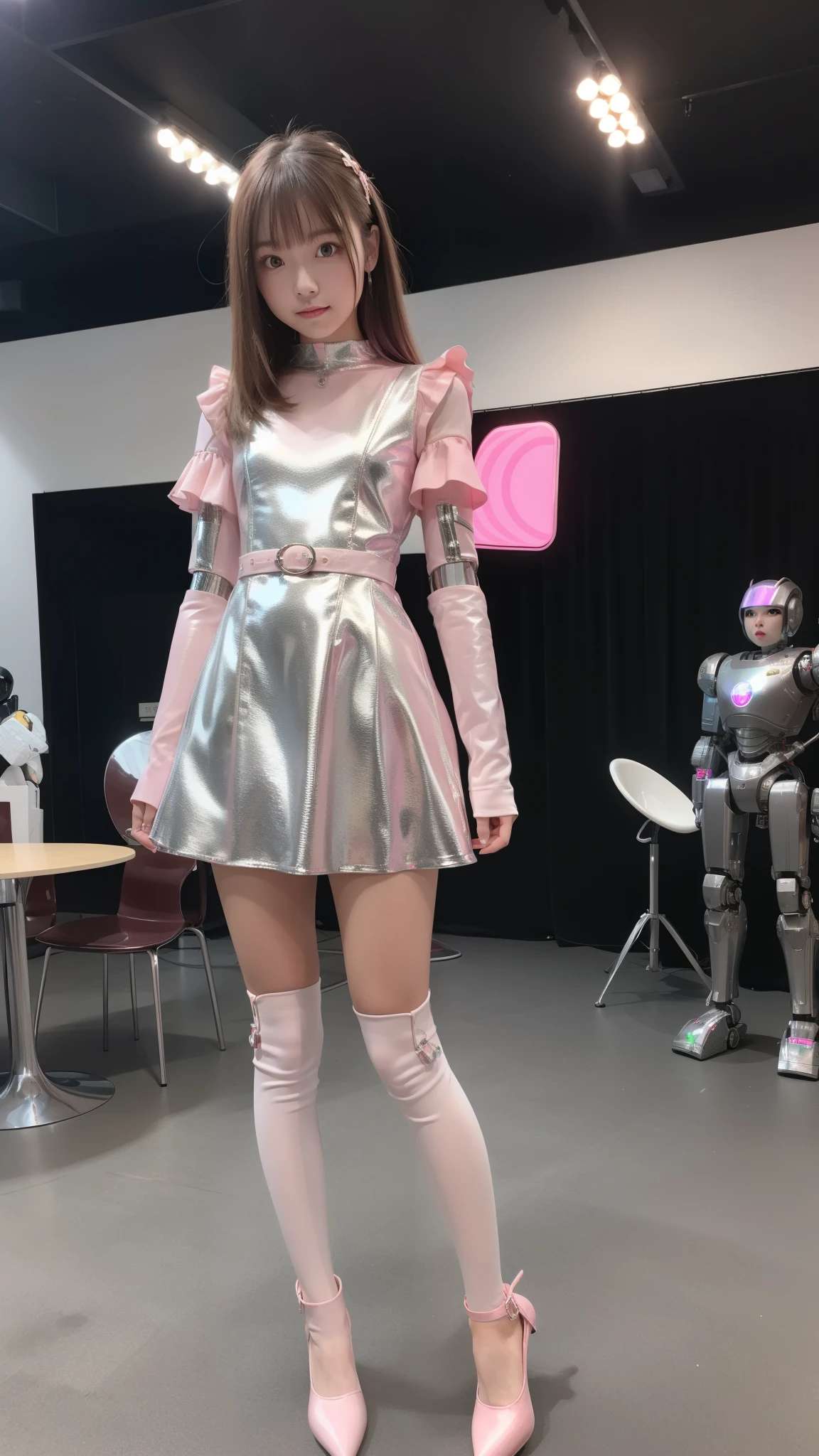 Robot Girl, pink, Silver, Metallic body, Robot Parts, Metal Parts, Super Detailed Face, Super well-formed face, of the highest quality, a small face, a small head, Brown hair, Slender body, Camera gaze, Idol, front facing, Well-proportioned body, sale, Exhibited, Event Hall, Moe Pose, pink metallic Princess dress machine armor, Standing with legs open, Model body type, sad, Embarrassing,(Perfect Robot Girl),(Perfect machine body)