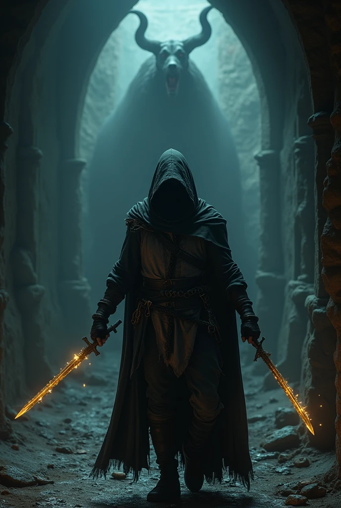 (Masterpiece:1.2), (best quality:1.2), 8D, HDR , very detailed, ((realistic)), professional lighting, movie light, Fashion Photography, Ambient lighting, background, Dark medieval dungeon, darkness, epiCPhoto, electricity, stairs, Thief in cloth armor, Holding a golden dagger in each hand. Hellbound howl , Hell dog on background