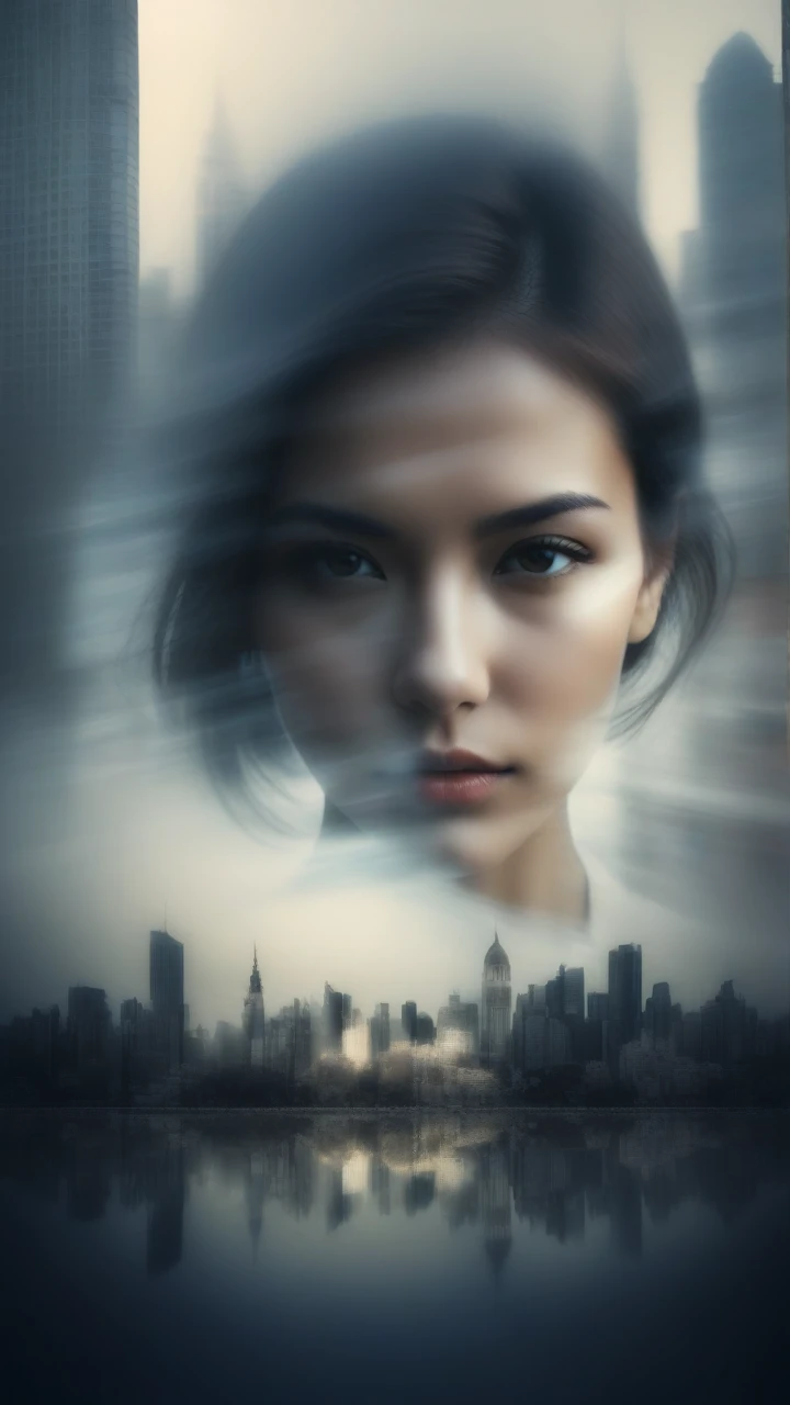 Double Exposure Style,a city skyline on the woman face,double image ghost effect,image combination,double exposure style,1girl,, (masterpiece,best quality,ultra-detailed,very aesthetic, absurdres)