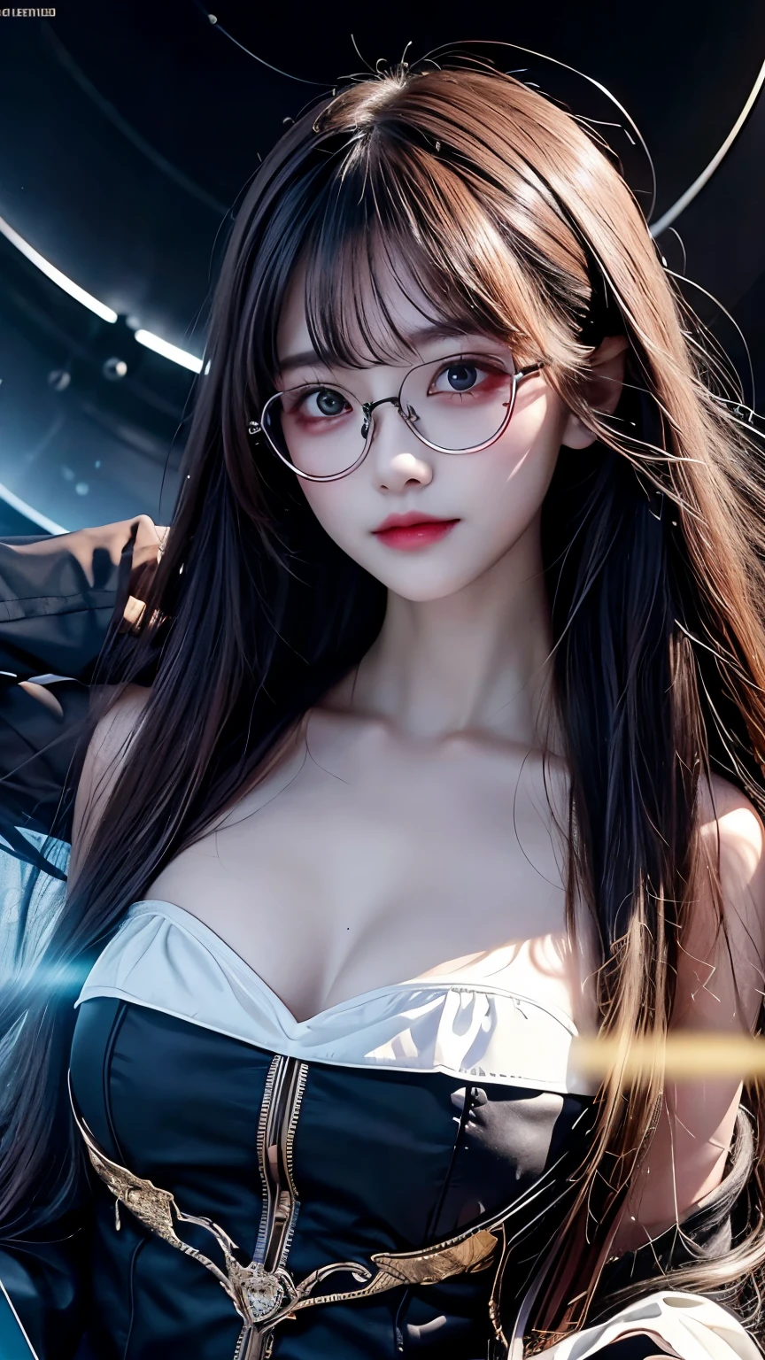 Young woman,Floats on a book,Mathematical Formulas,one pair of glasses,HD lighting and darkness )(Epic image quality)dark atmosphere with bright light particles(Lots of effects in the background,Background formula.emptiness,black hole,score_9,score_8_up,score_7_up,Shine,Clear drawing of details,Maxim of Details,Dark Concept,Thinks,Dreams,masterpiece,Dressed in Light Cute Clothes,Attractive,ultra detail,a mystic,Image of the Goddess of Thought