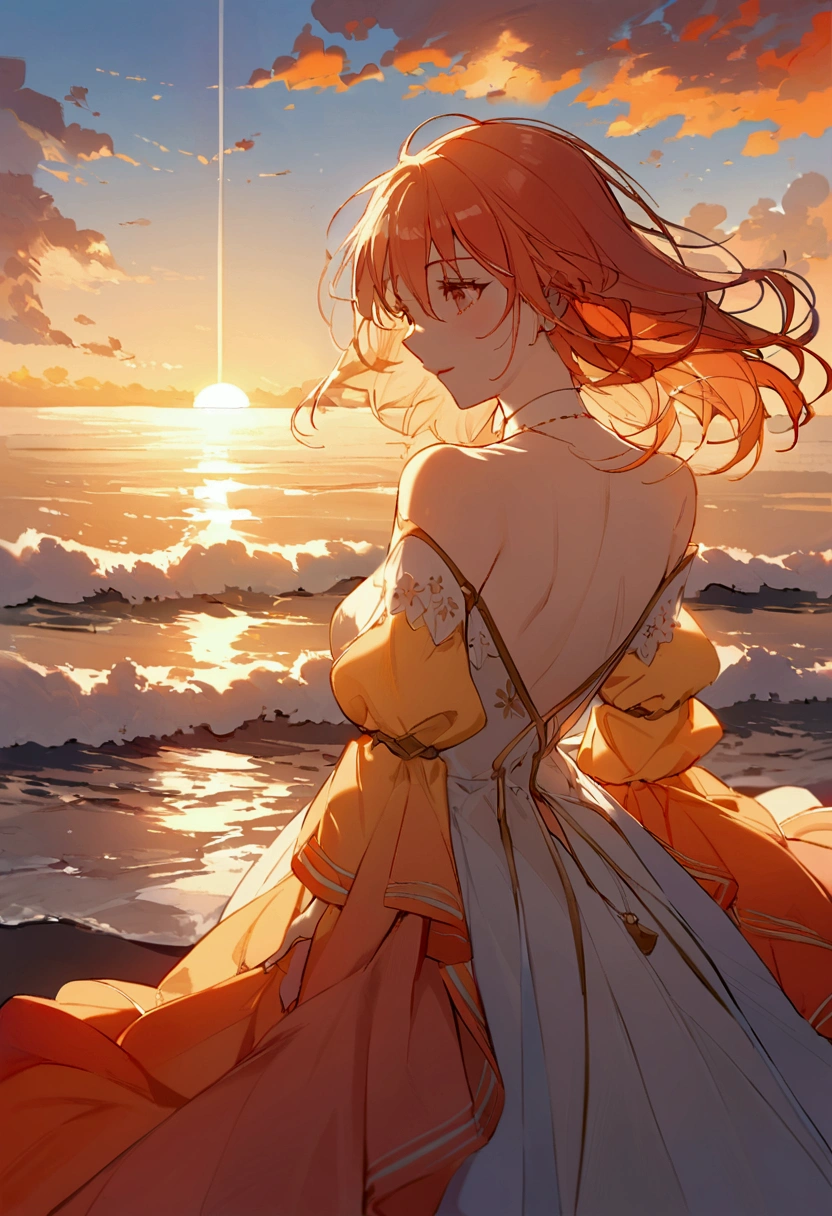 Imaginez une image d'une plage au coucher du soleil. The sky is bathed in warm shades of orange and pink,sun rise, Create beautiful color gradients. The ocean waves gently lick the sand, Reflecting the last rays of the sun. Des palmiers sebalancent doucement dans la brise,short hair, Adding tranquility to the scene. It is a peaceful painting that evokes a deep sense of serenity and natural beauty.。.