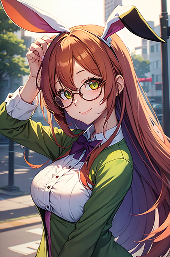 anime girl with bunny ears, purple gradient orange hair, Olive green eyes and round glasses looking at the viewer smiling