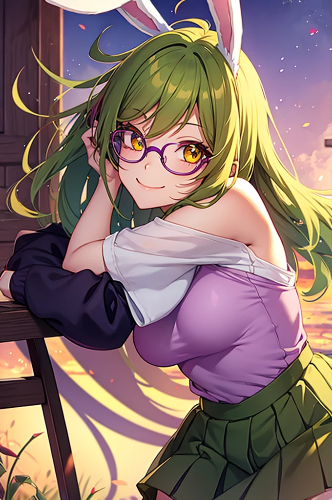 anime girl with bunny ears, purple gradient orange hair, Olive green eyes and round glasses looking at the viewer smiling