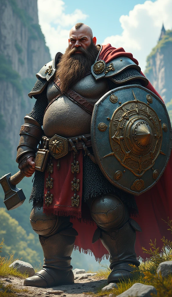hyper-detailed dwarf from a medieval fantasy RPG setting with a shield and a battle hammer and wearing a chain mail armor, sharp focus, cinematic lighting, intricate details, trending on artstation hd,