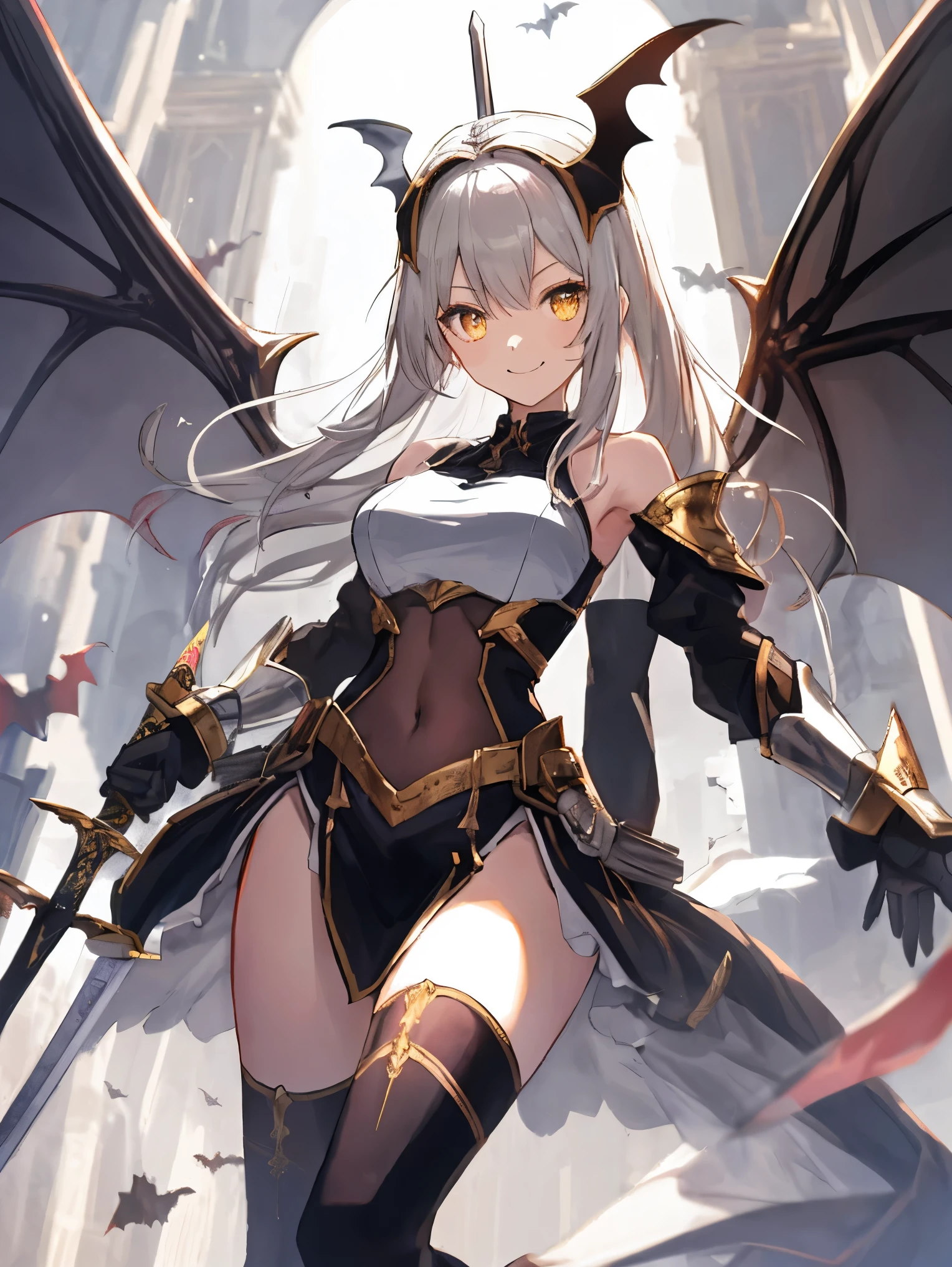 fantasy, 1devil_girl, low_teen, platina_blond_hair,long_bangs,, bare_shoulder, navel out, thighhighs,silver_armor, white_clothes,waist_armor, Glebe, hold_swords, large_breasts, dynamic_flying_pose,Floating, (1pair_bat_wings:1.2),(pelvic_curtain:1.3), silver_Headgear ,looking_down_at_sunrise_city_sky_background,,slightly_spread_legs, some_swords,some_swords_floating_around_the_girl,solo,horn ,smile,,open_legs,open_arms,rise_knee,rise_leg,rise_thigh,rise_leg,forward_leaning_posture,apart_legs,fang,Shiny_gold_eyes