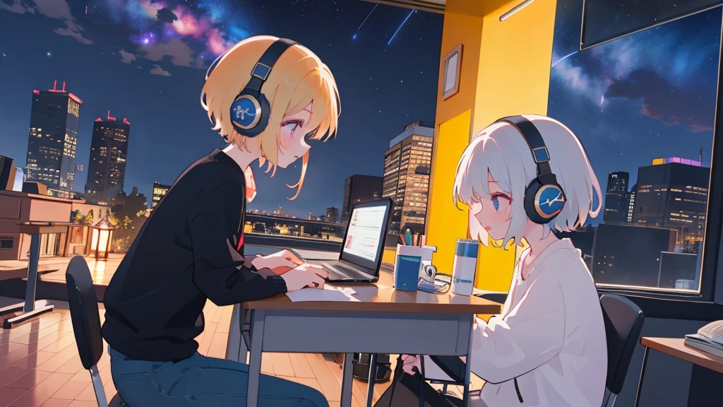A girl study on a desk while listening to jazz on headphones with night sky in the background
