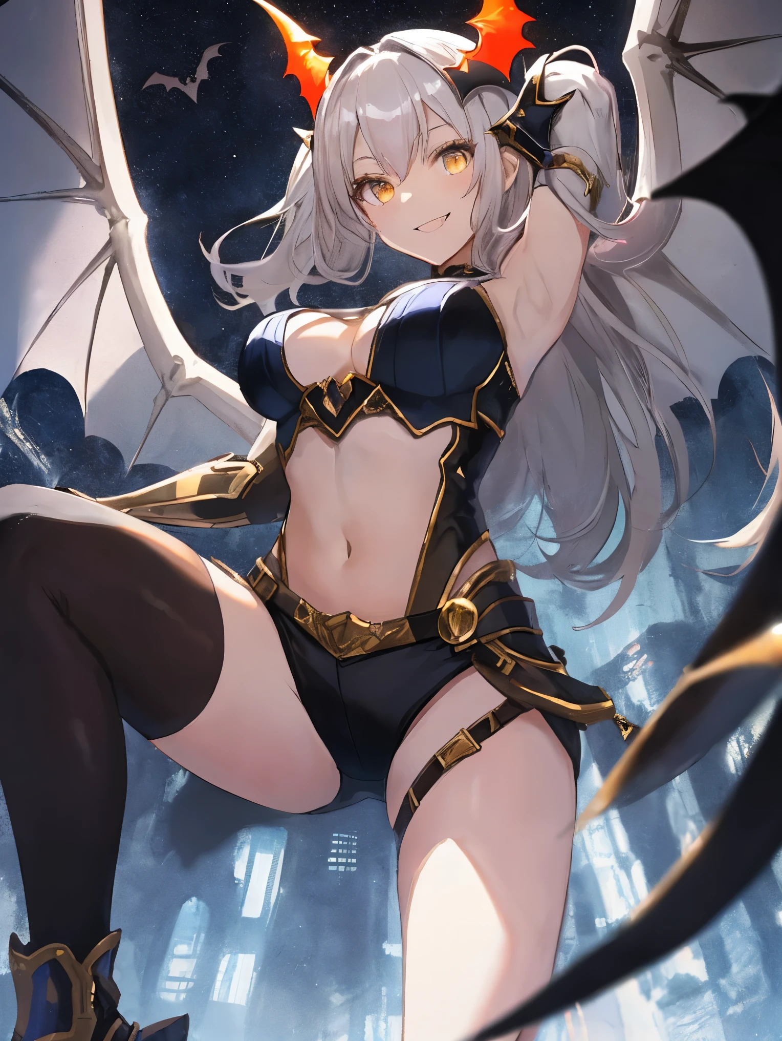fantasy, 1devil_girl, low_, platina_blond_hair,long_bangs,, bare_shoulder, navel out, thighhighs,silver_armor, white_clothes,waist_armor, Glebe, hold_swords, large_breasts, dynamic_flying_pose,Floating, (1pair_bat_wings:1.2),(pelvic_curtain:1.3), silver_Headgear ,looking_down_at_sunrise_city_sky_background,,slightly_spread_legs, some_swords,some_swords_floating_around_the_girl,solo,horn ,smile,,open_legs,open_arms,rise_knee,rise_leg,rise_thigh,rise_leg,forward_leaning_posture,apart_legs,fang,Shiny_gold_eyes