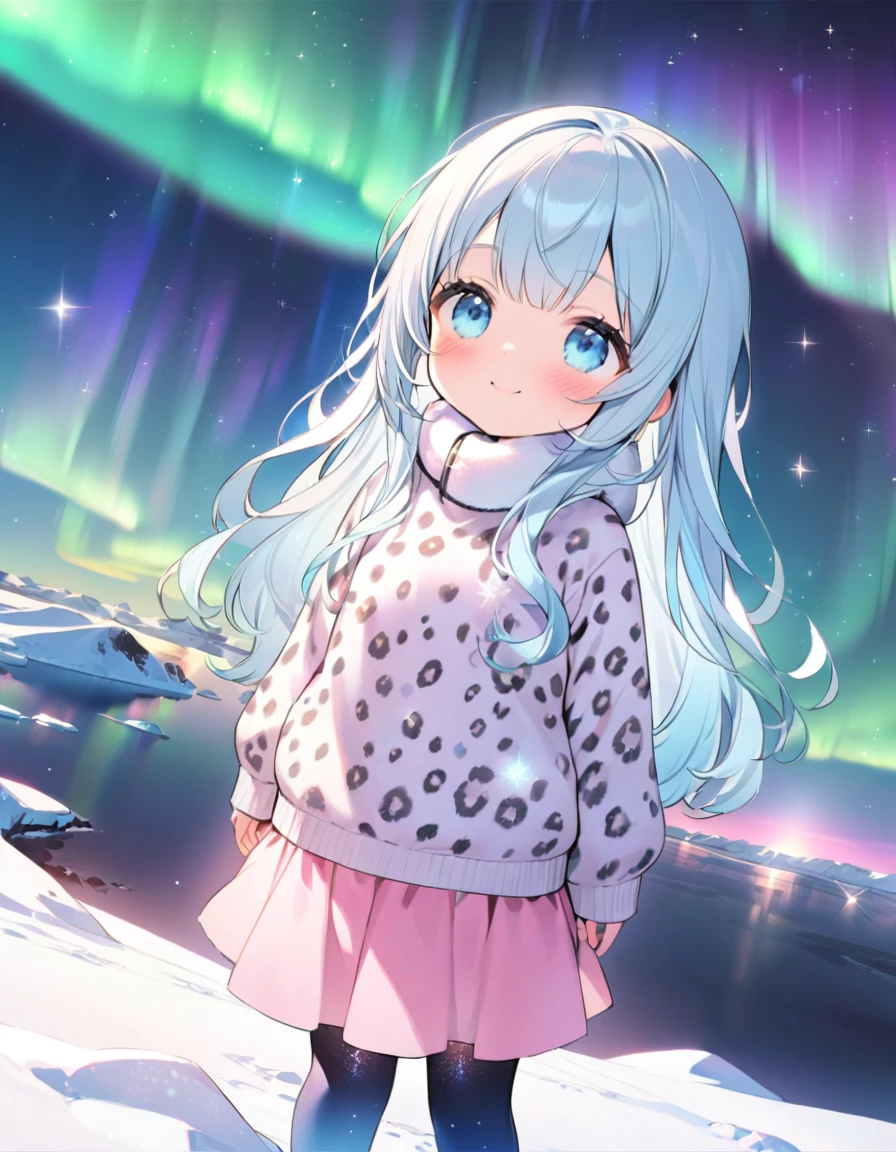 masterpiece, best quality, extremely detailed, (illustration, official art:1.1), 1 girl ,(((( light blue long hair)))), ,(((( light blue long hair)))),light blue hair, , long hair ((blush)) , cute face, big eyes, masterpiece, best quality,(((((a very delicate and beautiful girl))))),Amazing,beautiful detailed eyes,blunt bangs((((little delicate girl)))),tareme(true beautiful:1.2), sense of depth,dynamic angle,,,, affectionate smile, (true beautiful:1.2),,(tiny 1girl model:1.2),)masutepiece、One girl、Winter gear、Antarctic base、Looking up at the Northern Lights. She wears a leopardprint sweater, pink skirt, and blue boots. SPARKLE; GLITTER