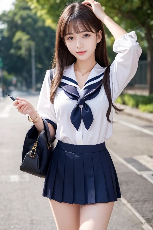 Slightly larger breasts　18-year-old　Mature　Brush your hair back　mini skirt　Sailor suit