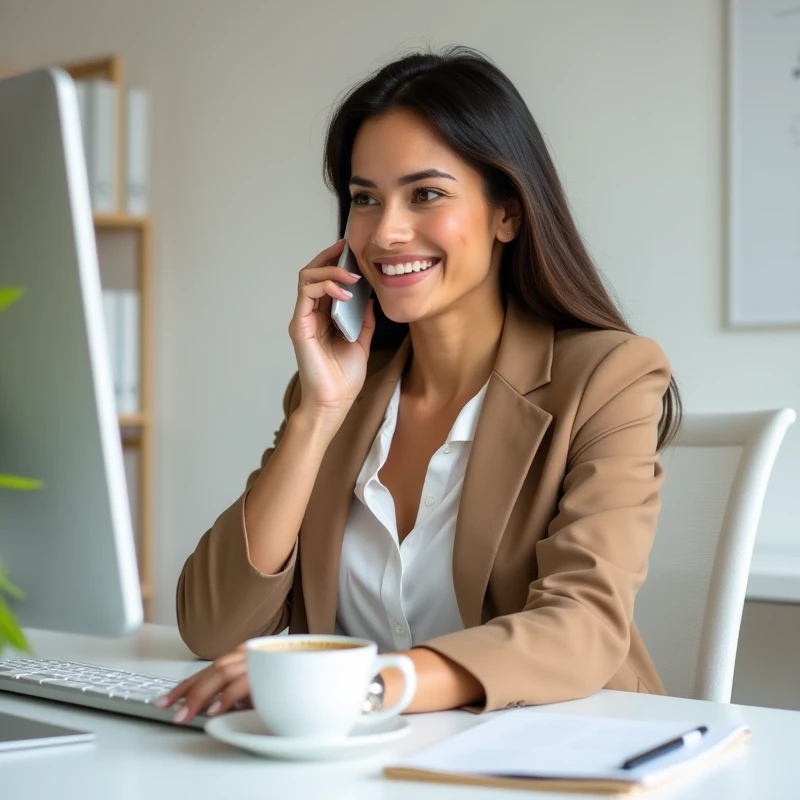Create an image of a 37 year old woman smiling and confident, talking on the phone or typing on the computer, with a cup of coffee next to it. The setting could be a simple and organized work desk, with neutral colors like white and beige, conveying accessibility and trust.