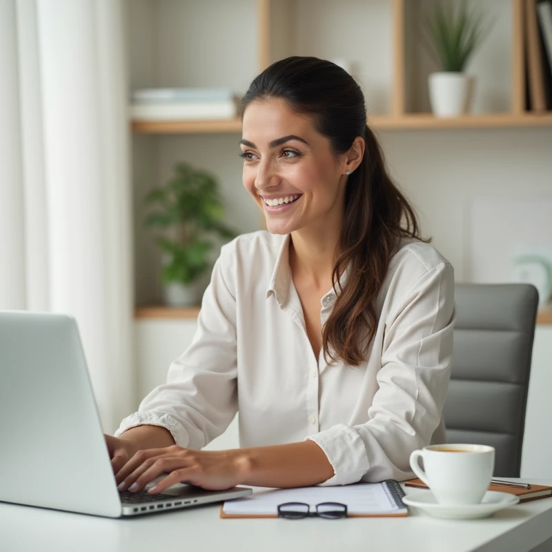Create an image of a 37 year old woman smiling and confident, talking on the phone or typing on the computer, with a cup of coffee next to it. The setting could be a simple and organized work desk, with neutral colors like white and beige, conveying accessibility and trust.