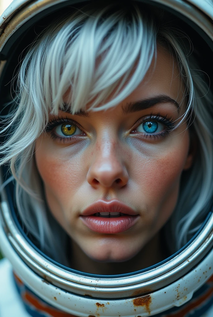 (Close-up of a better masterpiece:1.5)0.9], (Space and astronauts:1.2) (Messy silver hair:1.1) (Heterochromia xanthochromia and blue eyes:1.2) (Space Helmet:1.0) (Colored stars in the eyes:1.0) (A radiant glow:1.1) (thick lips:0.9)