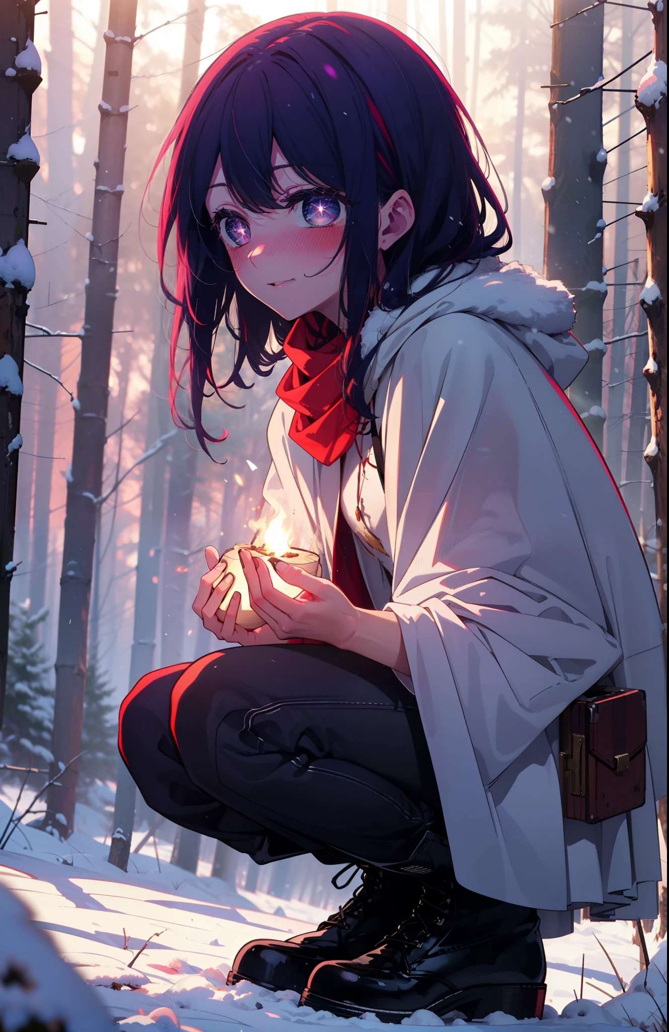 aihoshino, Ai Hoshino, Long Hair, bangs, (Purple eyes:1.1), Purple Hair, (Symbol-shaped pupil:1.5), smile,,smile,blush,white breath,
Open your mouth,snow,Ground bonfire, Outdoor, boots, snowing, From the side, wood, suitcase, Cape, Blurred, , forest, White handbag, nature,  Squat, Mouth closed, Cape, winter, Written boundary depth, Black shoes, red Cape break looking at viewer, Upper Body, whole body, break Outdoor, forest, nature, break (masterpiece:1.2), Highest quality, High resolution, unity 8k wallpaper, (shape:0.8), (Beautiful and beautiful eyes:1.6), Highly detailed face, Perfect lighting, Extremely detailed CG, (Perfect hands, Perfect Anatomy),