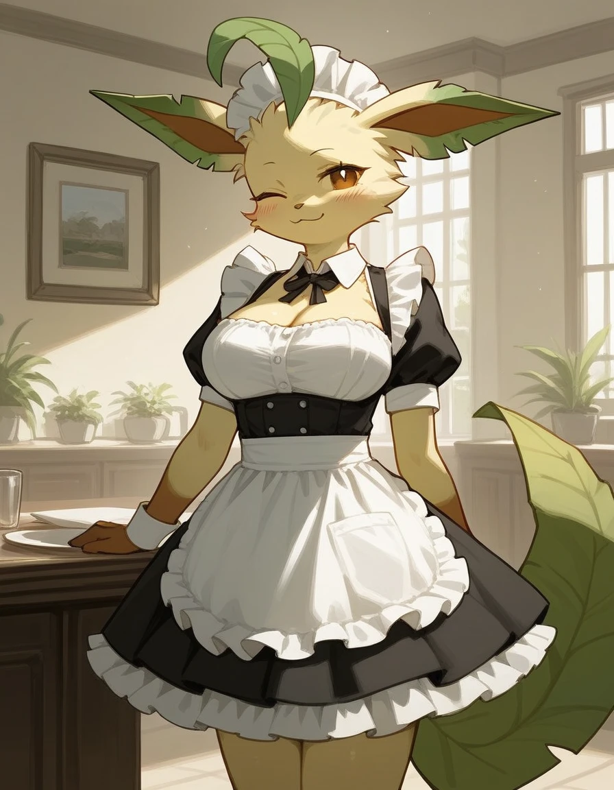 alone, score_9,score_8_up,score_7_up, anthro female leafeon, large breasts, standing, maid dress, wink one eye, love face, indoors.