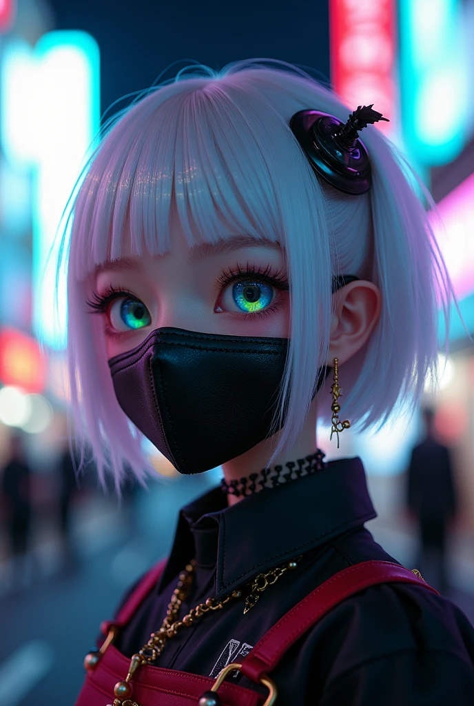 Goth_punk, One girl, robot, alone, Medium Shot, Walking around Harajuku, ((at night:1.2)), Bokeh, Neon Light, (Colorful background:1.2), Rainbow Eyes, Starry Sky, 白いShiny Hair, White eyebrows, Shiny Hair, (Iridescent white hair), Earrings, bangs, jewelry, mask, blunt bangs, Green Eyes, mouth mask, Blurred background, Blurred, hair ornaments, Looking at the audience, short hair, Portraiture, Side Lock,In a completely different expression。