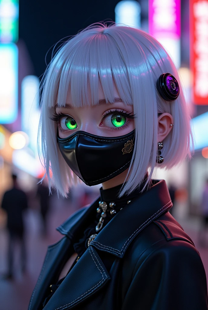 Goth_punk, One girl, robot, alone, Medium Shot, Walking around Harajuku, ((at night:1.2)), Bokeh, Neon Light, (Colorful background:1.2), Rainbow Eyes, Starry Sky, 白いShiny Hair, White eyebrows, Shiny Hair, (Iridescent white hair), Earrings, bangs, jewelry, mask, blunt bangs, Green Eyes, mouth mask, Blurred background, Blurred, hair ornaments, Looking at the audience, short hair, Portraiture, Side Lock,In a completely different expression。