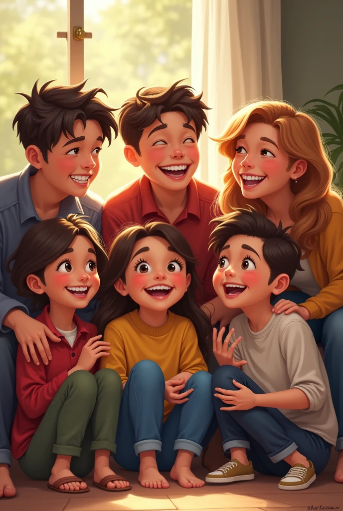 A gorup of cousins contain only two boys and five girls laughing and siting