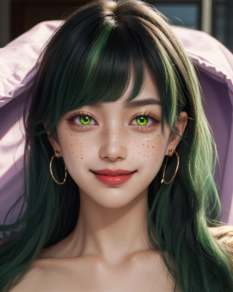 1 Girl, 19 years old, south korean, 4k, masterpiece, realistic, long whavy black hair with bangs, green fade hair, shining green pupils, shining red lips, freckles, red eyeliners, golden hoop earings, naked, covered by a purple blanket, freckles, big smug smile, closed mouth, bright colors, blurry background, portrait, face focus.