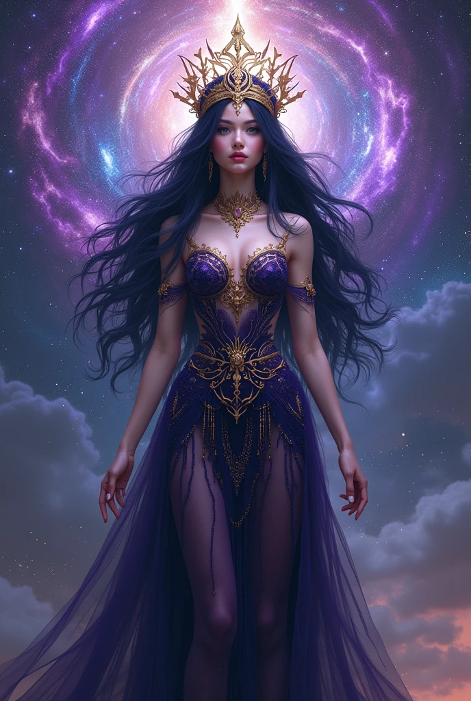 
Ethereal Majestic female goddess with dark purple , dark blue , yellow colour palette. Black hair . Dark aura . With crown