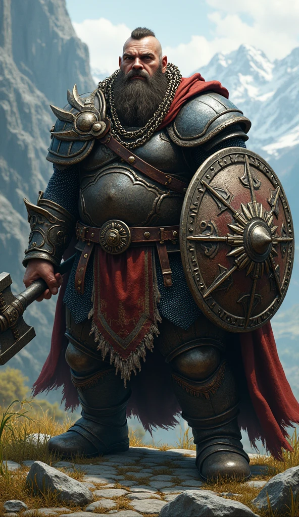 hyper-detailed dwarf from a medieval fantasy RPG setting with a shield and a battle hammer and wearing a chain mail armor, sharp focus, cinematic lighting, intricate details, trending on artstation hd,
