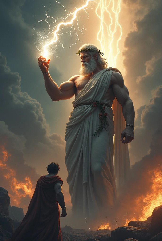 Characters: Zeus, Prometheus - Description: Angry Zeus condemns Prometheus - Epoch: Greek Antiquity - Clothing: Tunic and laurel wreath for Zeus - Place: Mount Olympus - Action: Zeus aims his lightning bolt at Prometheus - Background: The throne of Zeus and the stormy sky - Plan: Zeus Close-up - Style: hyper-realistic, Photo realism, cinematography
