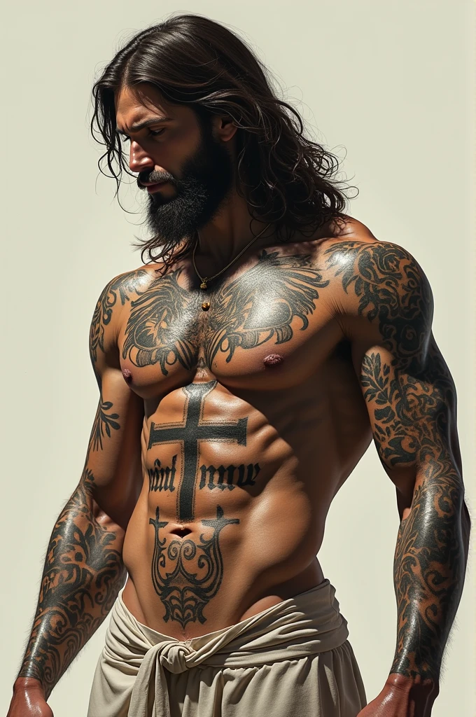 Jesus with tattoos and muscular expansions young