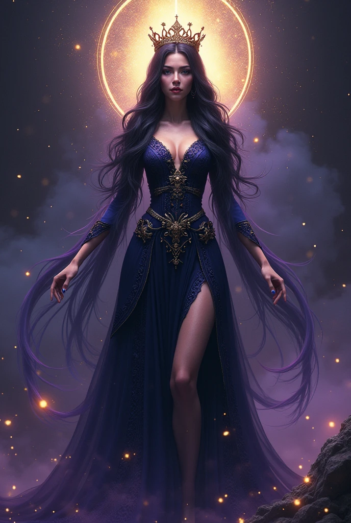 Ethereal Majestic female goddess with dark purple , dark blue , yellow colour palette. Black hair . Dark aura . With crown