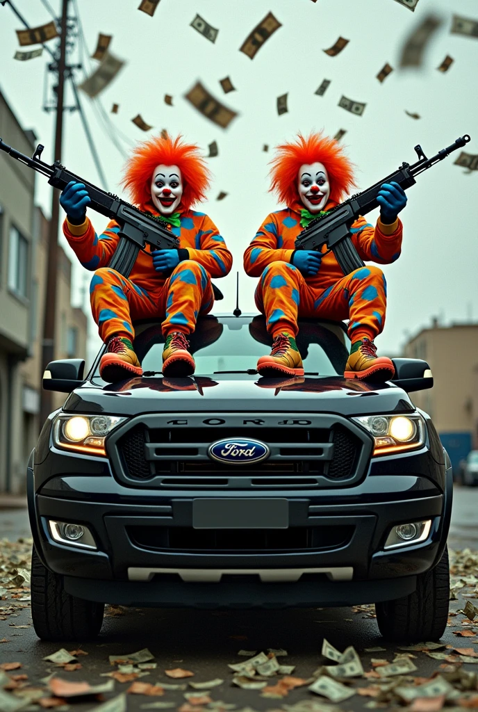 Two AK47 clowns sitting on top of a black Ranger Sport pickup truck, raining money  