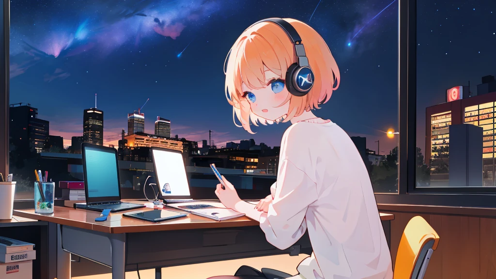 A girl study on a desk while listening to jazz on headphones with night sky in the background