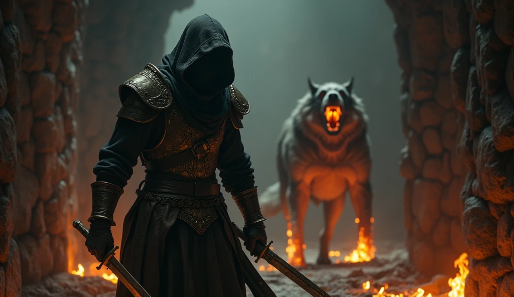 (Masterpiece:1.2), (best quality:1.2), 8D, HDR , very detailed, ((realistic)), professional lighting, movie light, Fashion Photography, Ambient lighting, background, Dark medieval dungeon, darkness, epiCPhoto, electricity, stairs, Thief in cloth armor, Holding a golden dagger in each hand. Hellbound howl , Body flame hell dog on background