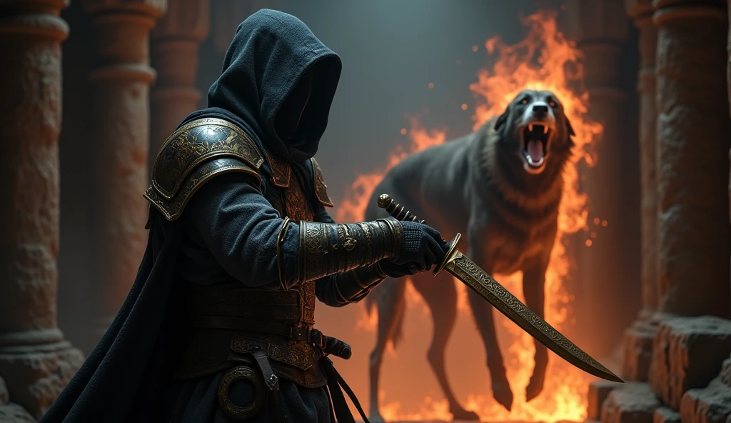 (Masterpiece:1.2), (best quality:1.2), 8D, HDR , very detailed, ((realistic)), professional lighting, movie light, Fashion Photography, Ambient lighting, background, Dark medieval dungeon, darkness, epiCPhoto, electricity, stairs, Thief in cloth armor, Holding a golden dagger in each hand. Hellbound howl , Body flame hell dog on background