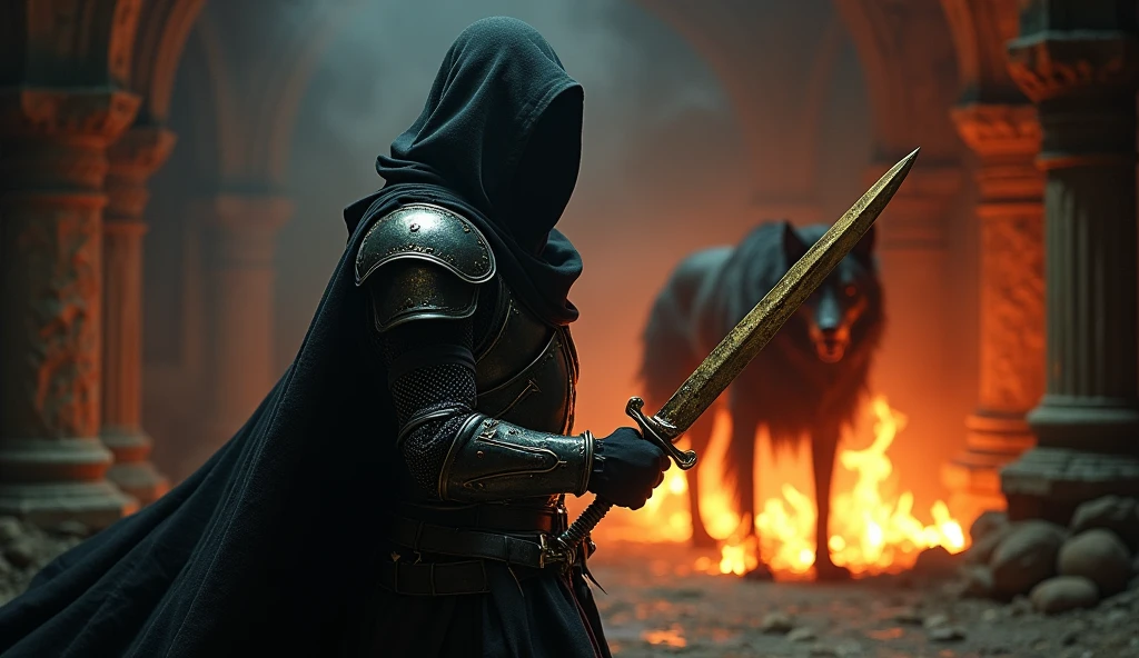 (Masterpiece:1.2), (best quality:1.2), 8D, HDR , very detailed, ((realistic)), professional lighting, movie light, Fashion Photography, Ambient lighting, background, Dark medieval dungeon, darkness, epiCPhoto, electricity, stairs, Thief in cloth armor, Holding a golden dagger in each hand. Hellbound howl , Body flame hell dog on background
