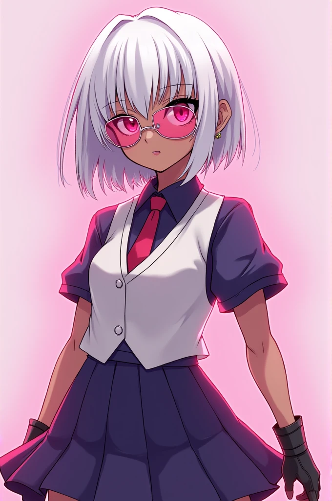 Create an anti-heroine she has short white hair to her shoulders and has bangs that cover only one eye and the other eye is uncovered, it is red, she has brown skin, she wears a violet school uniform and wears a white dress vest, she also wears a tie and also wears combat gloves that do not cover her fingers, she also wears black boots, she has earrings and has pink aviator glasses, she also has an intense pink aura.