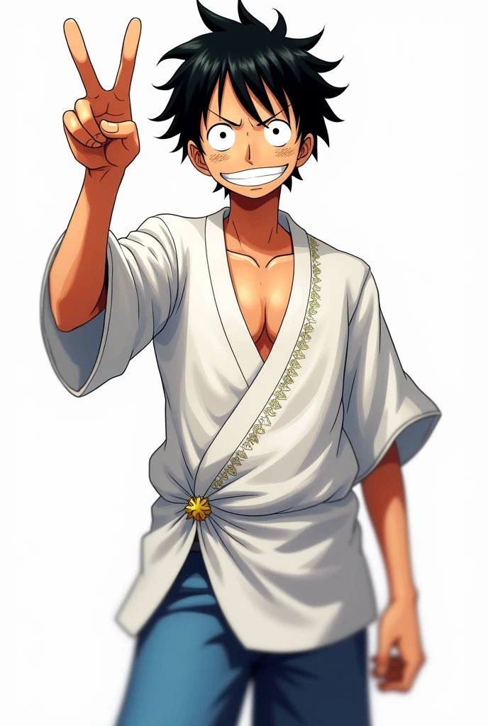 Luffy wearing white barong tagalog with peace sign