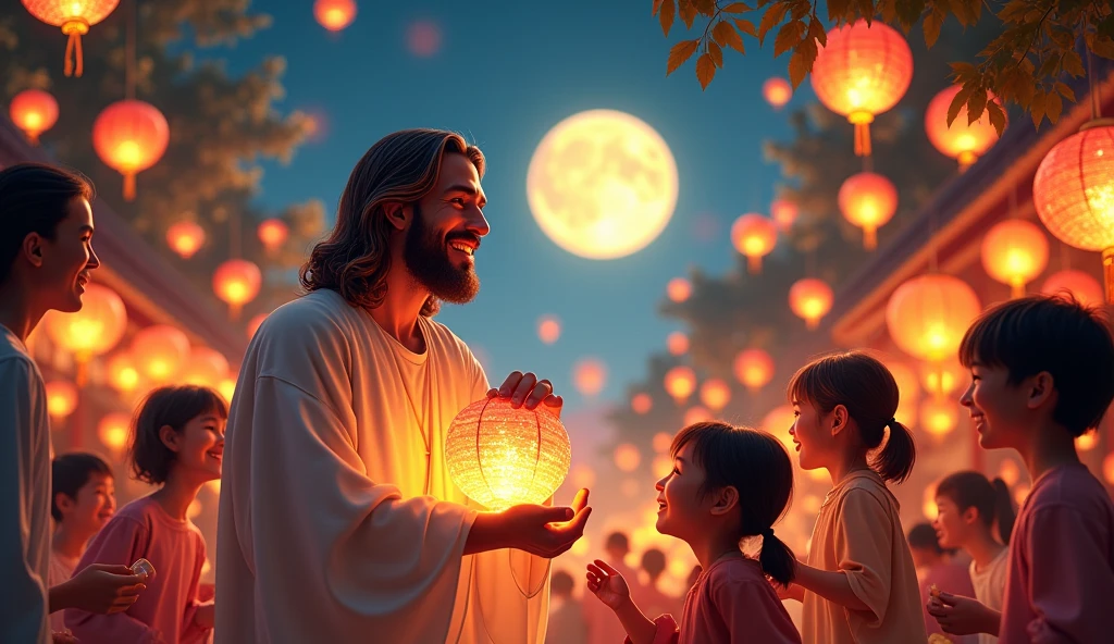 image of a Mid-Autumn Festival night in Vietnam with a bright full moon in the sky, sparkling lanterns hanging everywhere. There is Jesus and a group of children holding lanterns to play.