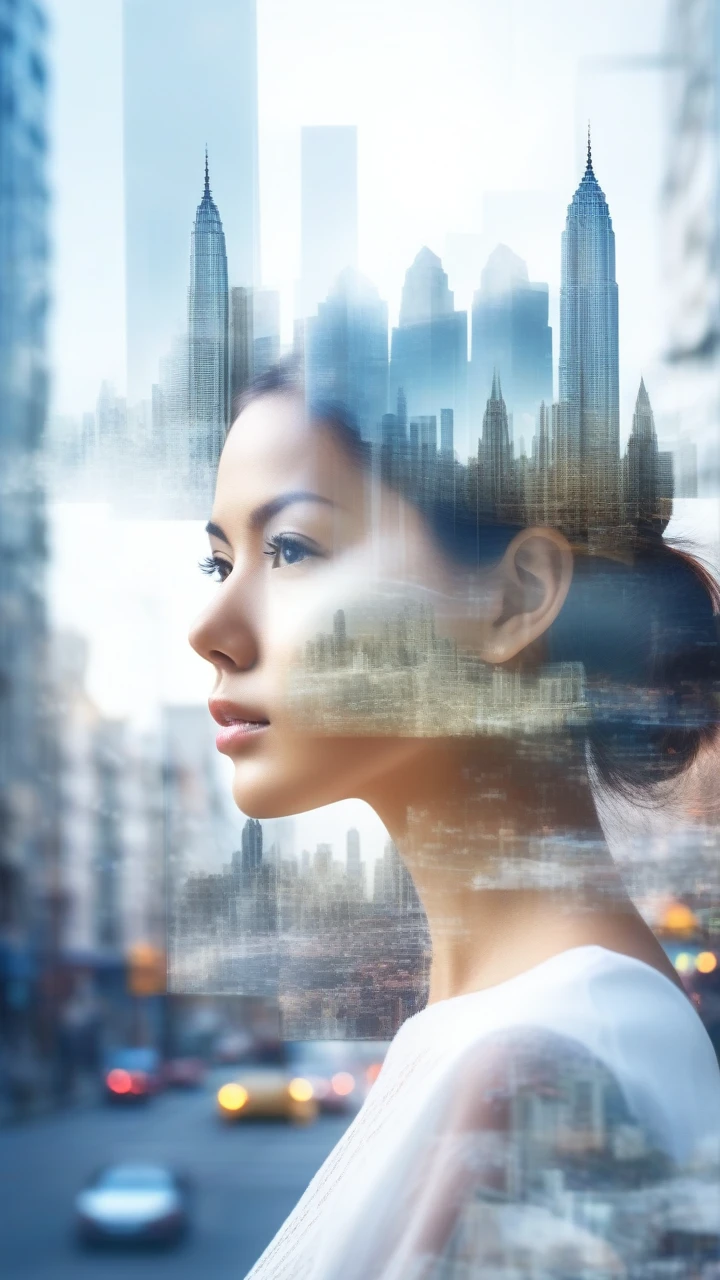 Double Exposure Style,a city skyline on the woman face,double image ghost effect,image combination,double exposure style,1girl,, (masterpiece,best quality,ultra-detailed,very aesthetic, absurdres)
