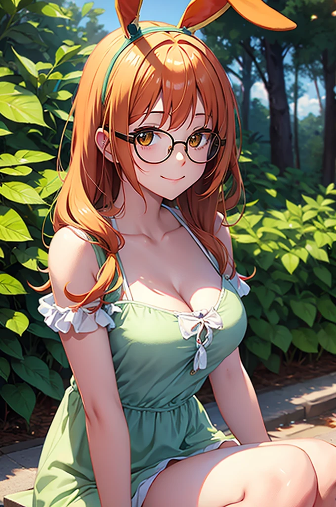 anime girl with bunny ears, orange hair , Olive green eyes and round glasses looking at the viewer smiling, sundress, background forest