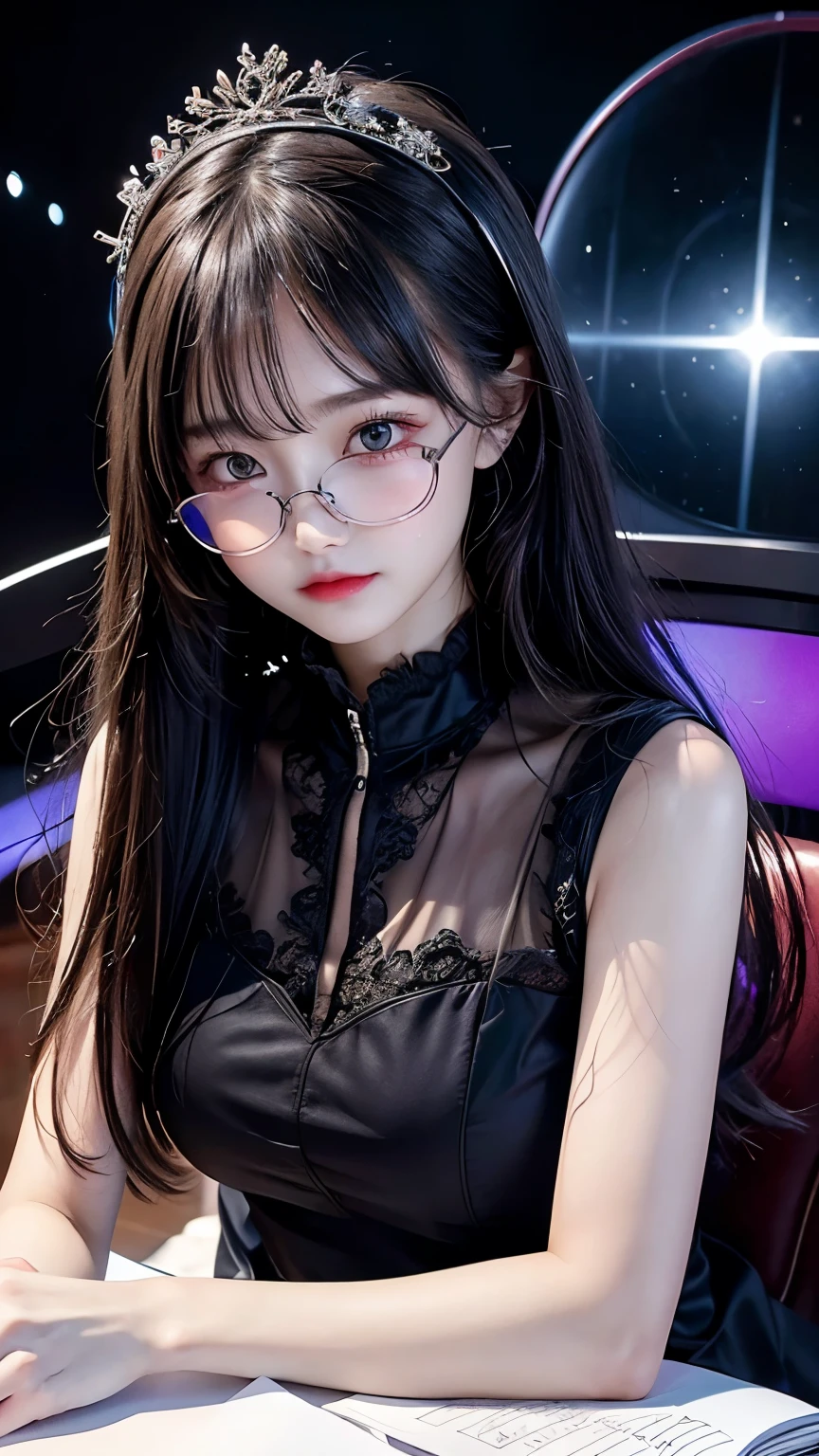 Young woman,Floats on a book,Mathematical Formulas,one pair of glasses,HD lighting and darkness )(Epic image quality)dark atmosphere with bright light particles(Lots of effects in the background,Background formula.emptiness,black hole,score_9,score_8_up,score_7_up,Shine,Clear drawing of details,Maxim of Details,Dark Concept,Thinks,Dreams,masterpiece,Dressed in Light Cute Clothes,Attractive,ultra detail,a mystic,Image of the Goddess of Thought