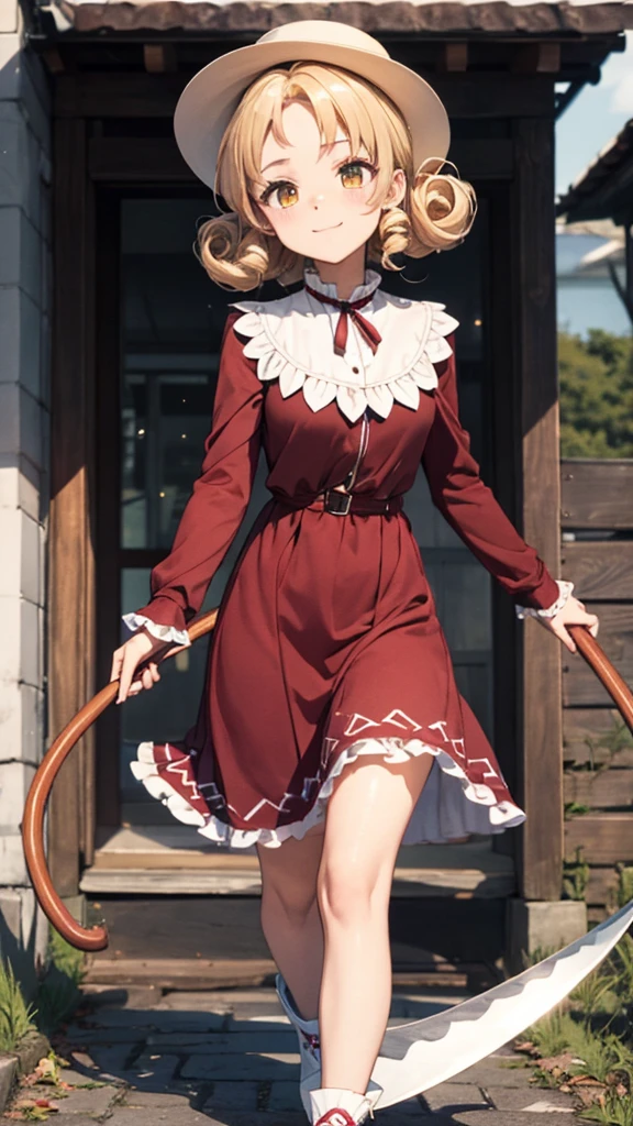 a drawing of an anime character in a red dress and boots with a large scythe, ((high end)), (UHD picture), (best quality,4k,8k,highres,masterpiece:1.2), top-quality(​masterpiece), top-quality, ultra-detailed, highly detailed texture, intricate details, high quality textures, masterpiece, best quality, perfect quality, perfect anatomy, perfect body, perfect symmetrical face, perfect hands, perfect feet, (two arms:1.2), (two legs:1.2), (five fingers each:1.2), (perfect joint:1.2), perfect joint movement, precise fingers and hands, 1 beautiful girl, 1 girl, alone, solo, , 10 years old, (((****))), ((childish)), hat, white hat, blonde hair, long hair, parted bangs, drill hair, well-formed face, yellow eyes, maxi dress, red dress, dress, long sleeves, frills, long skirt, simple background, scythe, holding scythe, holding, white socks, smile, cute face, beautiful, holding scythe