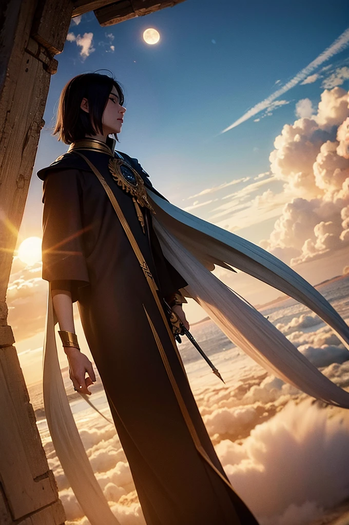 an angel with a black winged cloak and his lightning sword facing sun go kong with his war cloak, like being in a heavenly castle