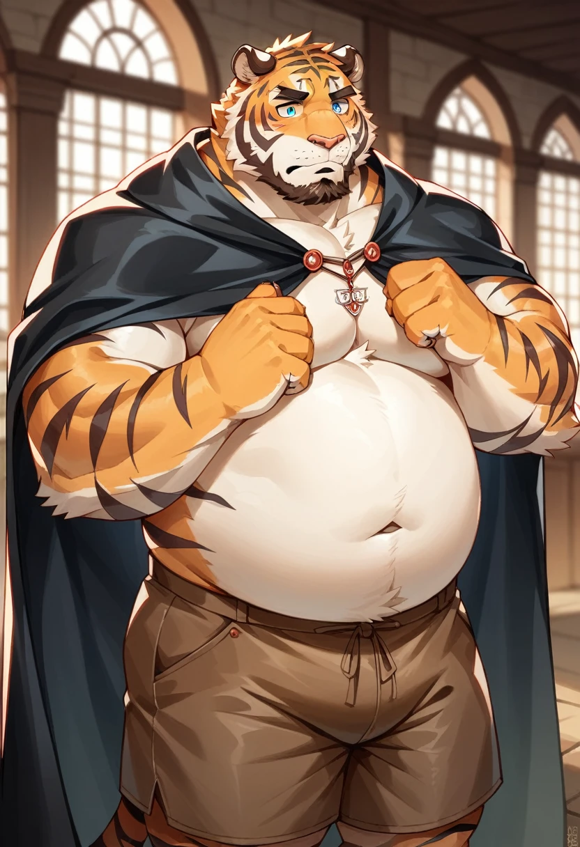 New Jersey 5 Furry,(Tiger)，Solitary，Wildlife，(Chubby body)，Strong muscles，Thick Arms，luxurious，Chubby cheeks，beard，Mature，Uncle，Black eyebrows，blue eyes，worried expression，(Black cloak)，(Brown shorts)，(((Medieval wineshop))),From Zixiong, Takemoto Arashi