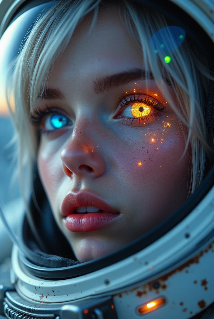 (Close-up of a better masterpiece:1.5)0.9], (Space and astronauts:1.2) (Messy silver hair:1.1) (Heterochromia xanthochromia and blue eyes:1.2) (Space Helmet:1.0) (Colored stars in the eyes:1.0) (A radiant glow:1.1) (thick lips:0.9)