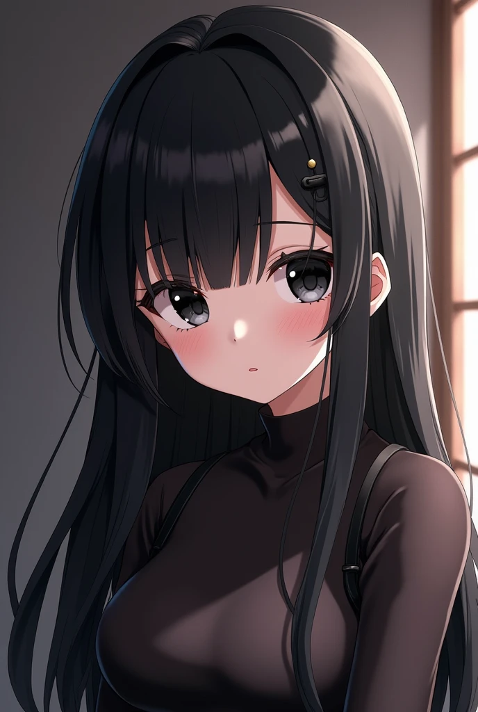 ((Masterpiece)) ((best quality)) ((ultra-detailed )) ((ultra sharp)) ((4k)).Anime girl with long black hair , black eyes with hourglass shaped build,