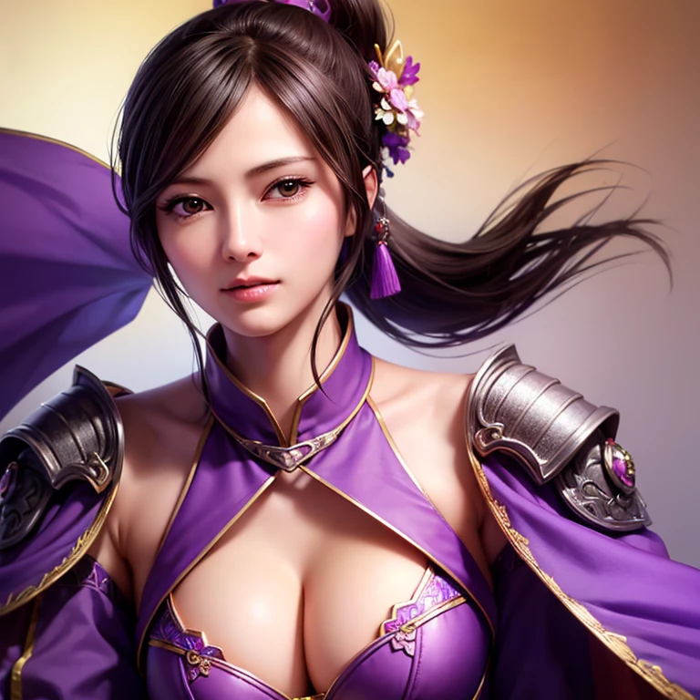 Close-up of a woman in armor and a purple cape, One person,Cute Ponytail,Large breasts and cleavage,Highly detailed face and skin texture,Looking into the camera, Chinese Warrior,Perfect beauty: 1.4, fine grain,double eyelid, Whitening skin,Highest quality,Ultra-high resolution,Simple Background