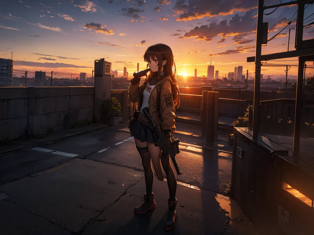 Cityscape, building, Skyline, sunset, Silhouette with cumulonimbus clouds in the background, meditation. Watching the beautiful sunset, sunset時に, sunset時, sunsetとともに, In the sunset, Nice views, Sunset view, With the sunset, sunset時に, During Golden Hour, looking sunset時に, Sunset in the background, Watching the sunset, In the spotlight, holding_gun, assault_rifle, Very detailed, Brown Hair, Long Hair, Anime Style, whole body, alone, Stylish Gunfighter Girl, Holding a steampunk long barrel pistol, The background is a dark and desolate landscape, Horror movie atmosphere. Her figure is very beautiful, Emphasizing the dark and crazy elements. Skillfully expressing the effects of light and shadow, Anime girls with guns and rifles, from Girls' Frontline