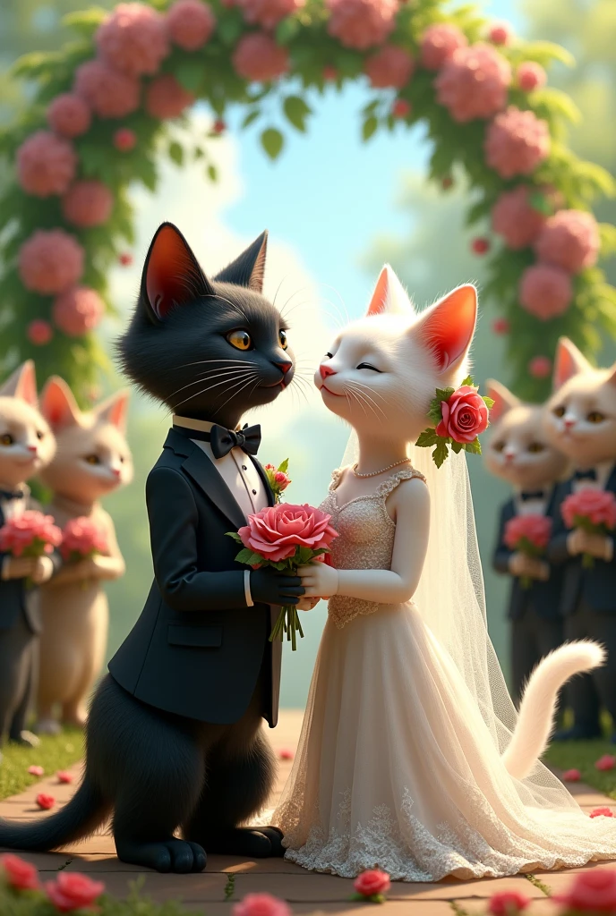 Of male cats, one black and one white, getting married.