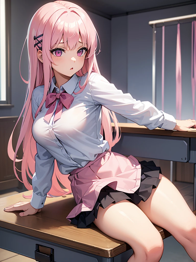 A young woman with long light pink straight hair down and some cute ribbon hair clips, pink eyes, big boobs, leaning down on a school desk with her pussy showing, and her boobs ?????. While wearing a short mini skirt and a tight white school uniform blouse.