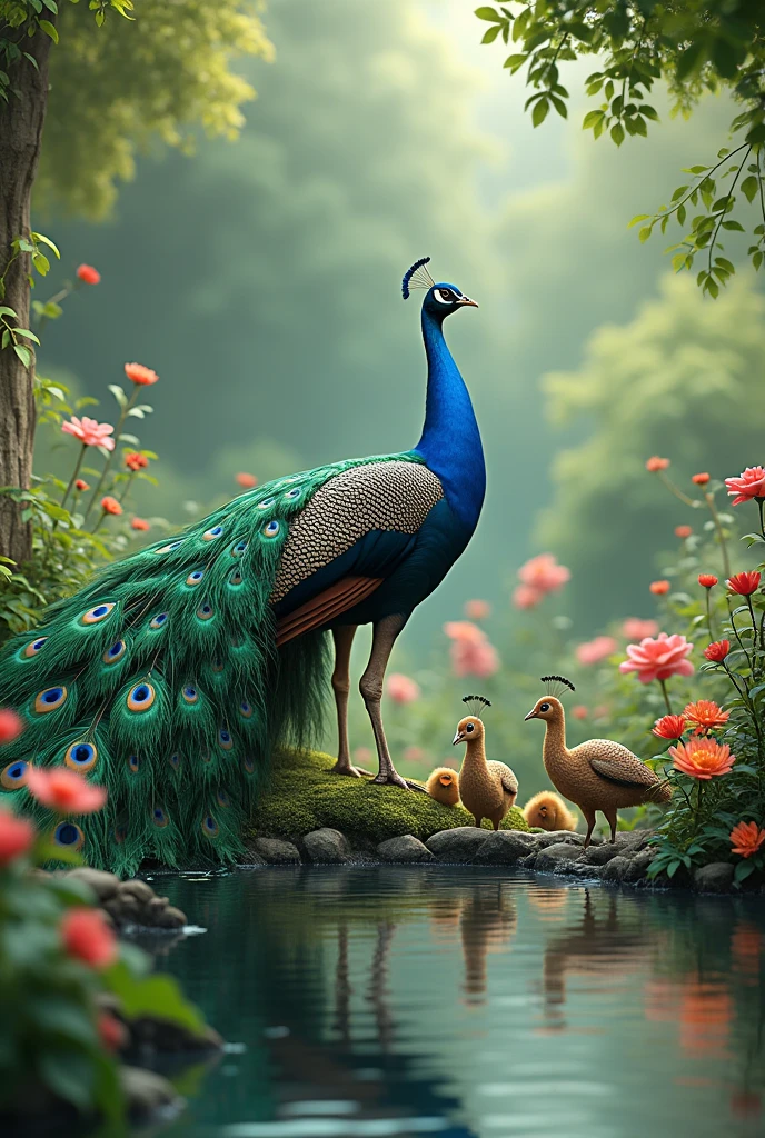 Beautiful peeckock family in garden